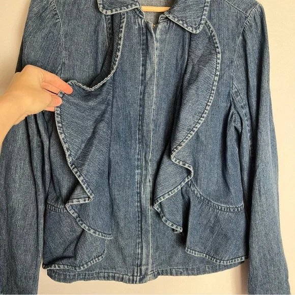 JH Collectibles Full Zip Women’s Denim Draped Ruffle Jacket Blue Size 10 Cotton - Picture 2 of 7